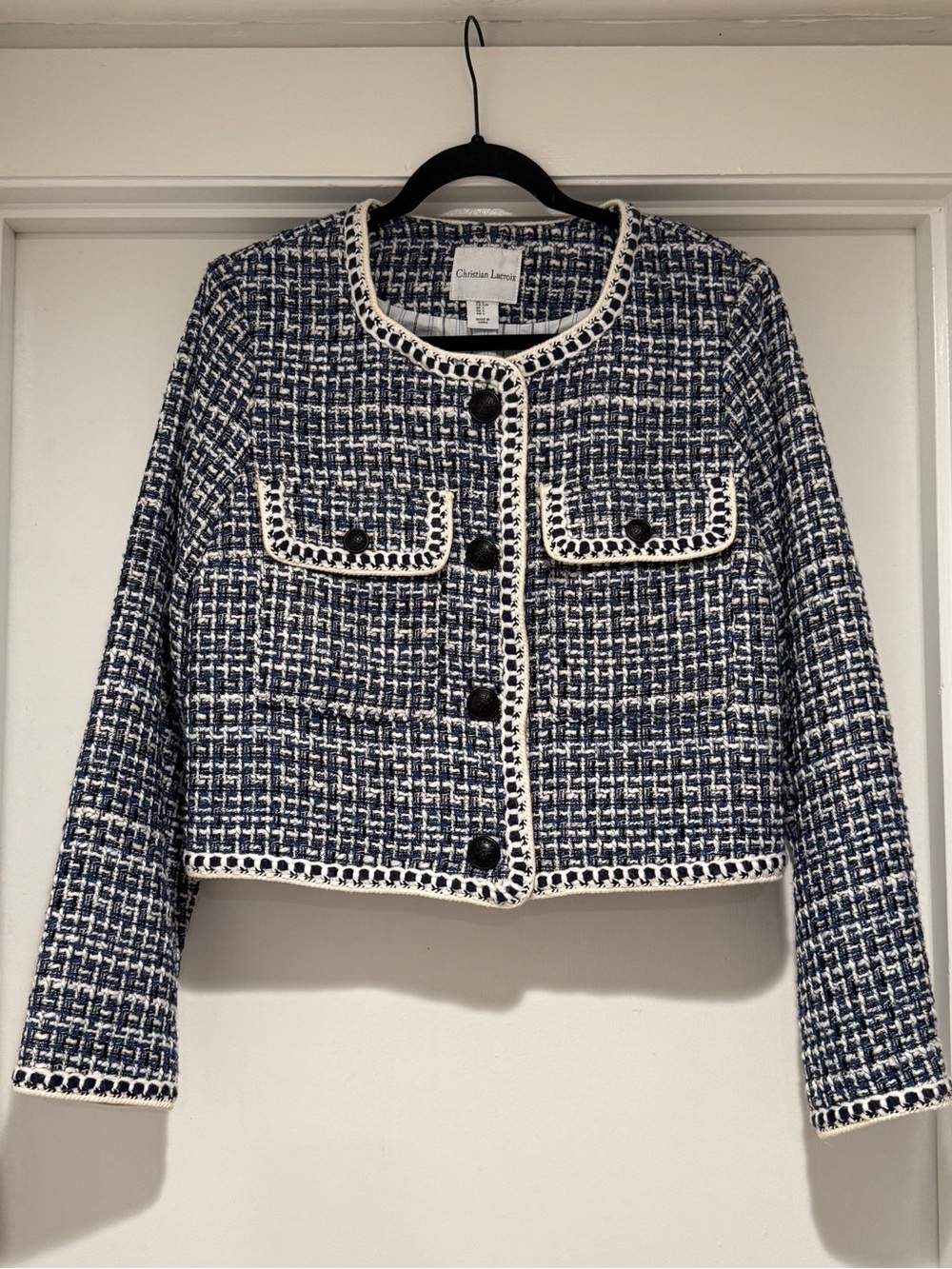 NWOT CHRISTIAN LACROIX Navy White Tweed Blazer Jacket size L